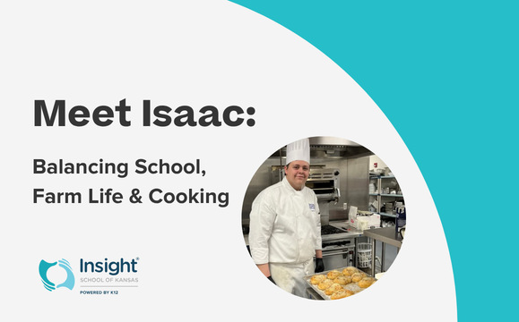 A picture of a student with a chef uniform and text that reads: "meet Isaac: balancing school, farm life, and cooking"