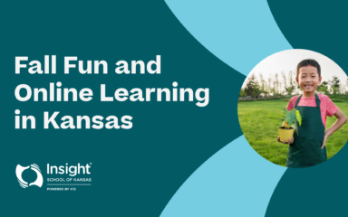 Insight School of Kansas student holding a potted plant outdoors, representing fall activities and online learning in Kansas.